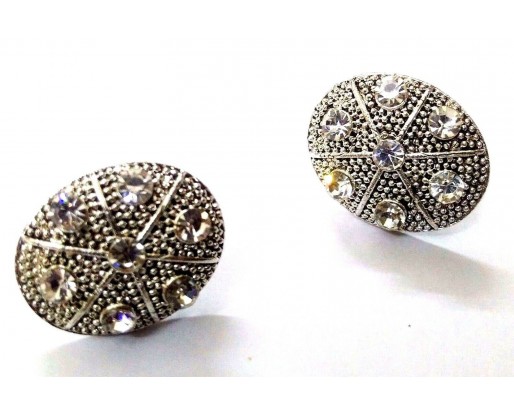 Silver Oxidized Rhinestone Tradition Earrings Stud Ethnic Imitation Jewelry EA11